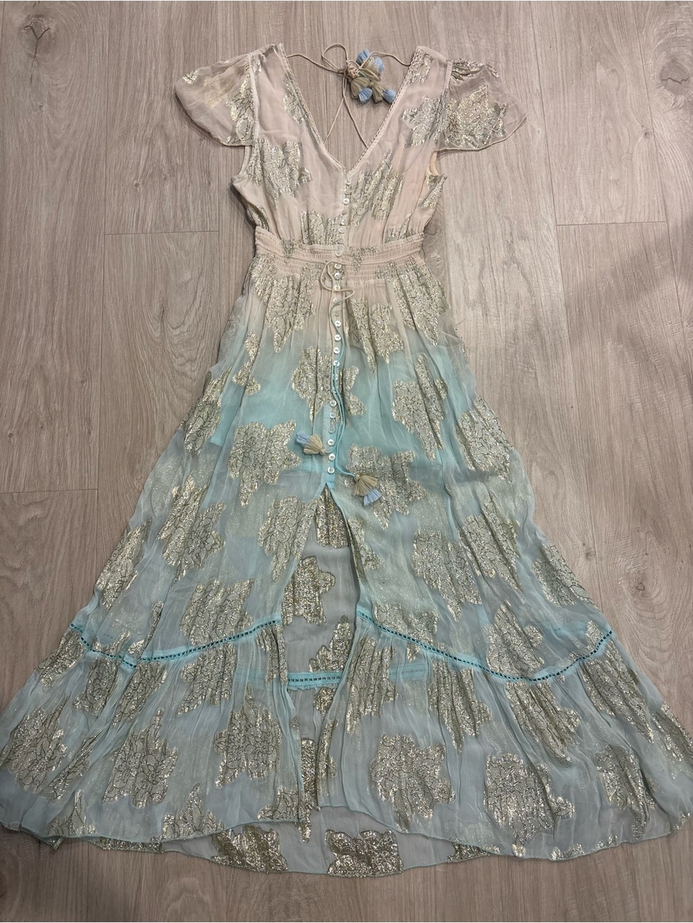 Delicate Metallic Floral Maxi Dress in Light Blue and Cream